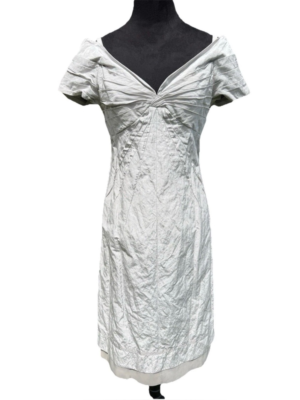 BCBGMAXAZRIA Metallic Silver Off Shoulder Ruched Pleated Sheath Dress 6 Fitted